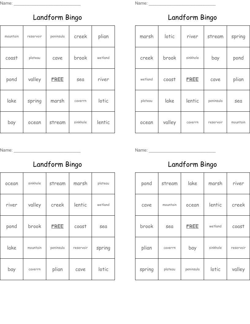 Landform Bingo