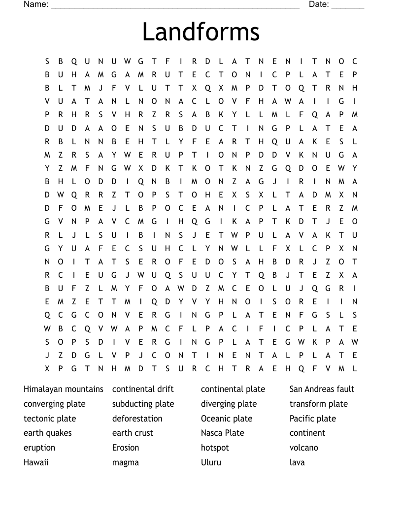 Landforms Word Search