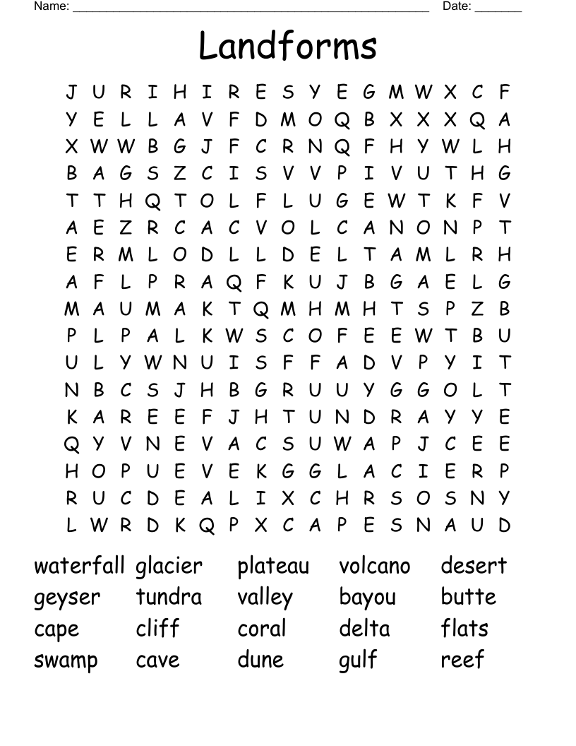 Landforms Word Search
