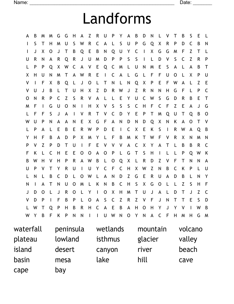 Landforms Word Search