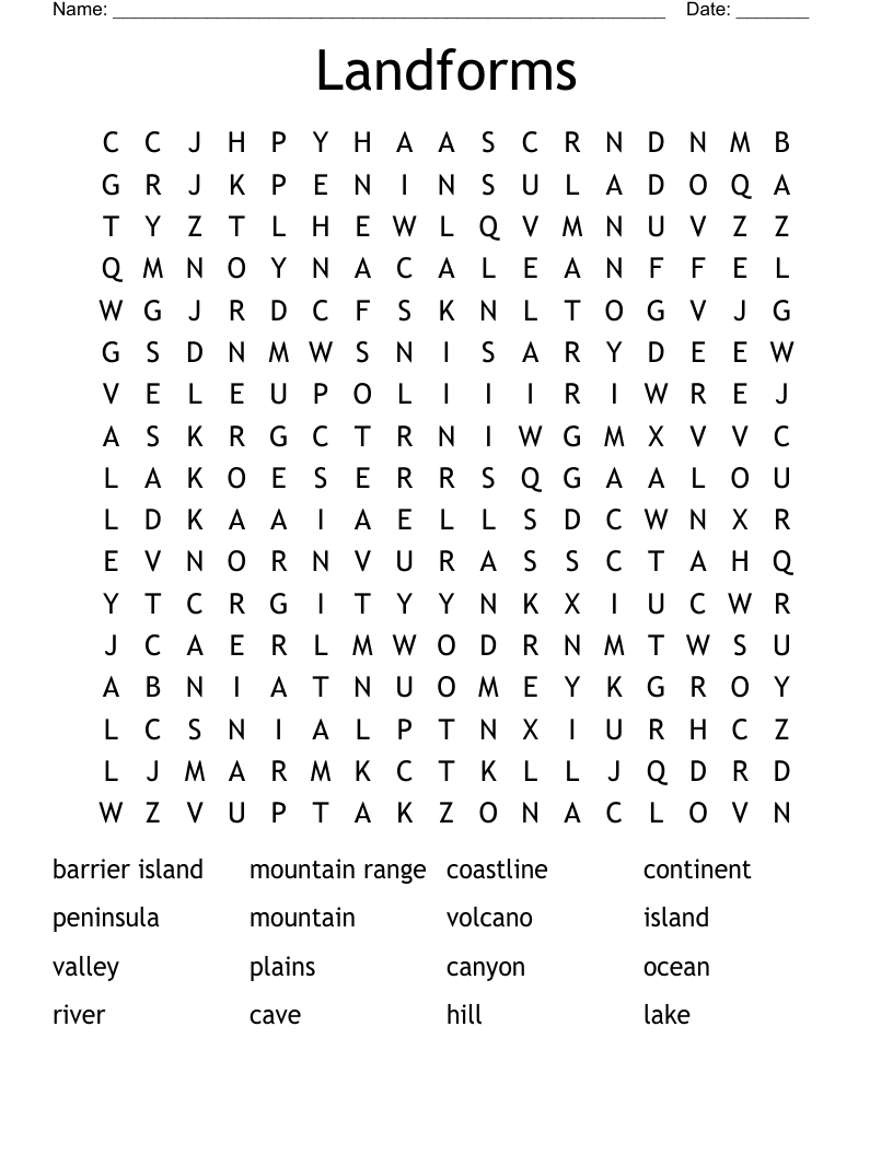 Landforms Word Search