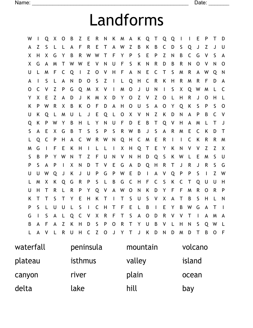 Landforms Word Search