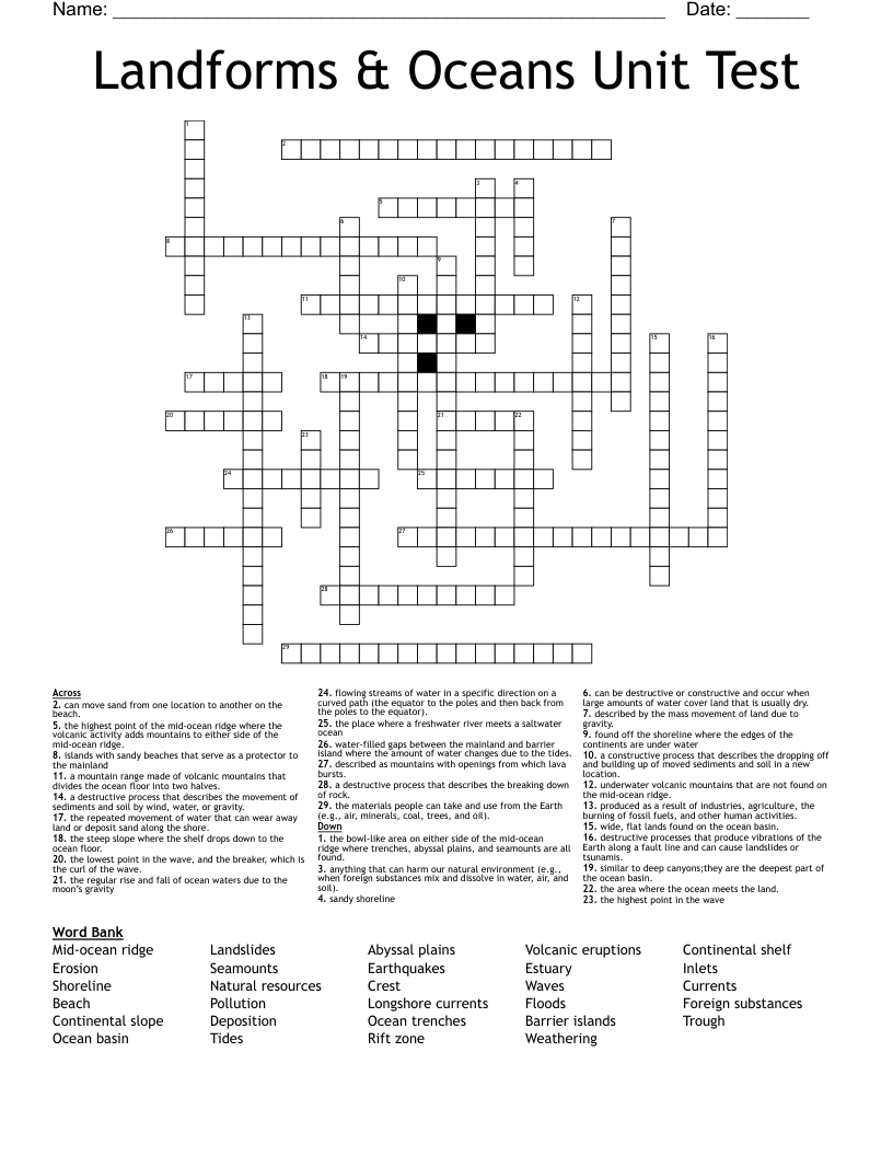 Landforms & Oceans Unit Test Crossword