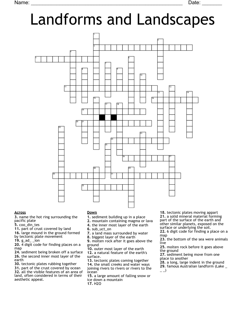 Landforms and Landscapes  Crossword