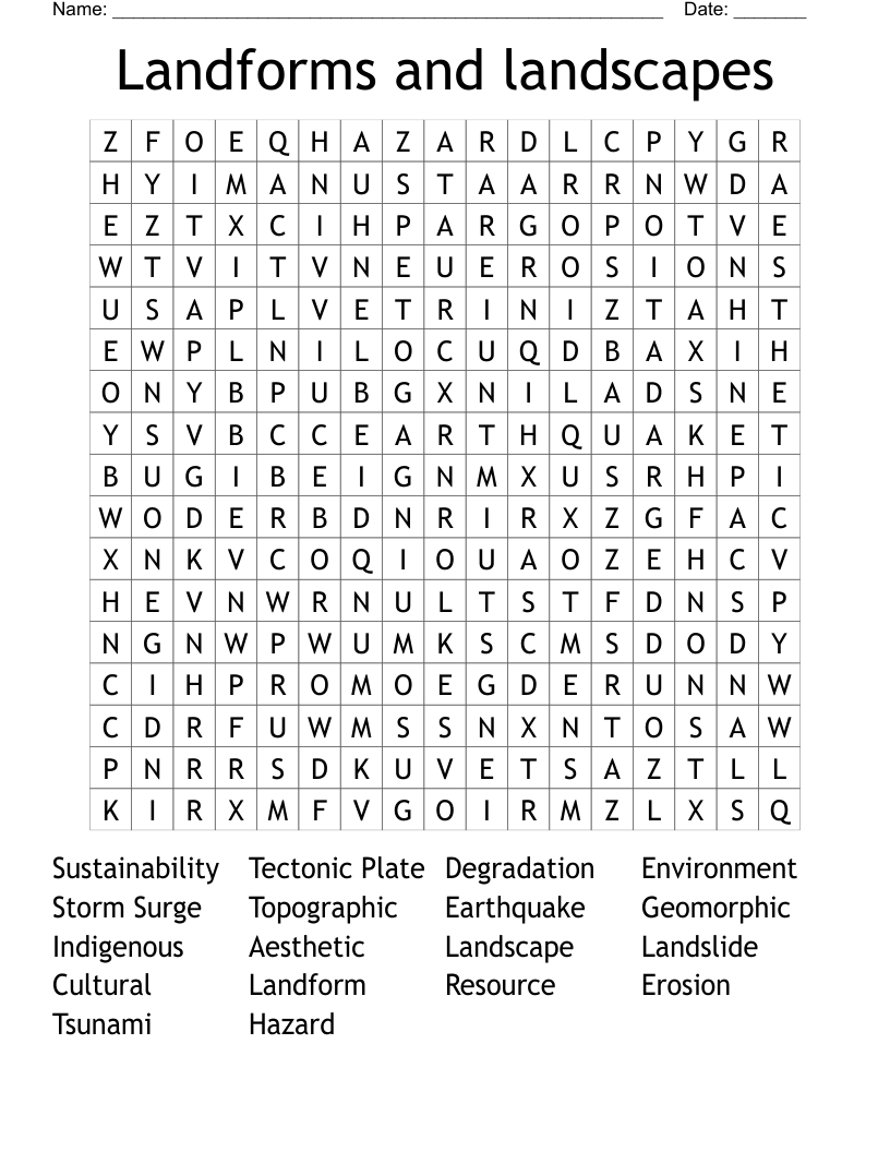 Landforms and landscapes Word Search