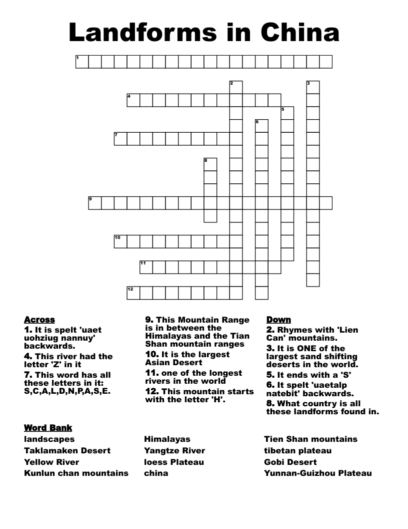 Landforms in China  Crossword