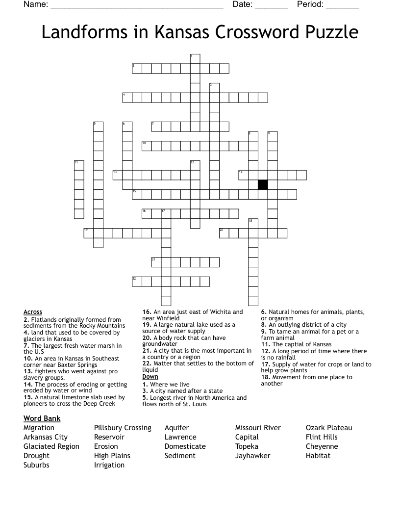 Landforms in Kansas Crossword Puzzle