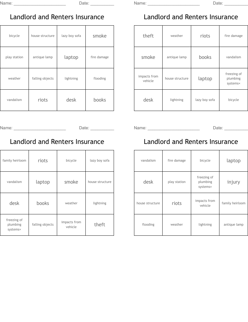 Landlord and Renters Insurance Bingo Cards