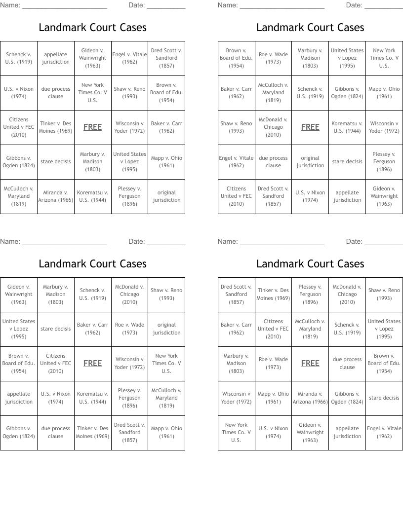 Landmark Court Cases Bingo Cards