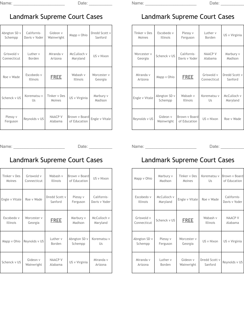 Landmark Supreme Court Cases Bingo Cards