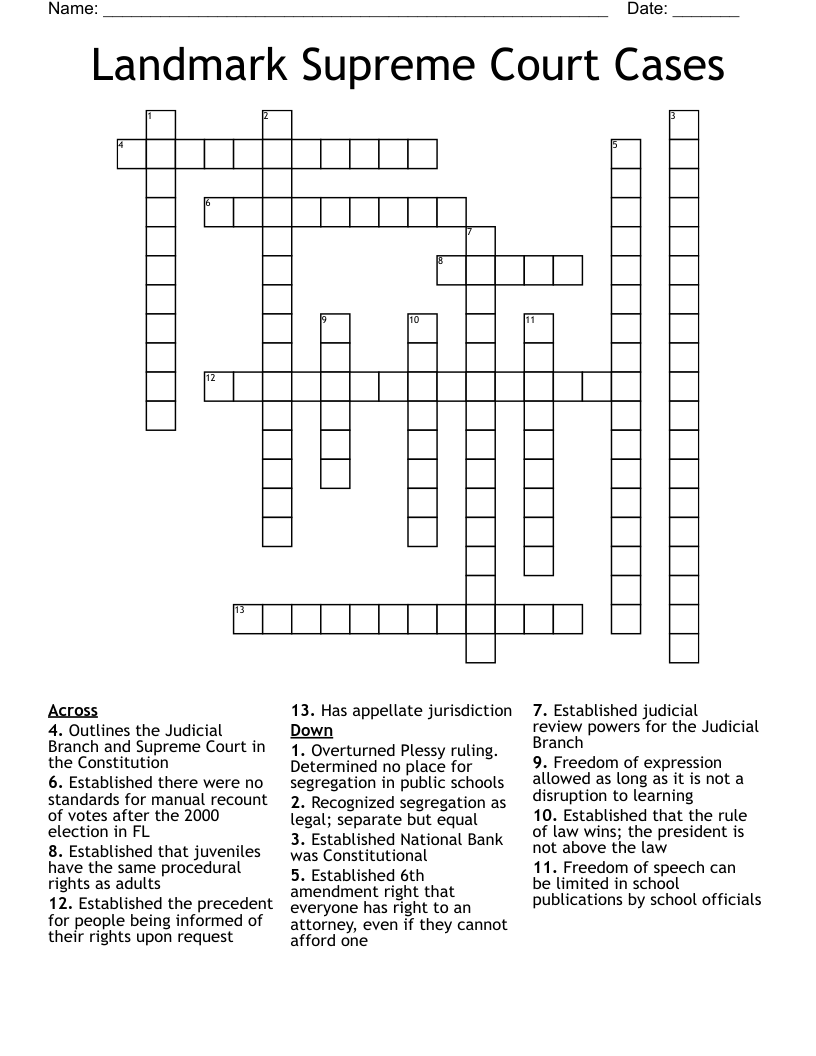 Landmark Supreme Court Cases  Crossword