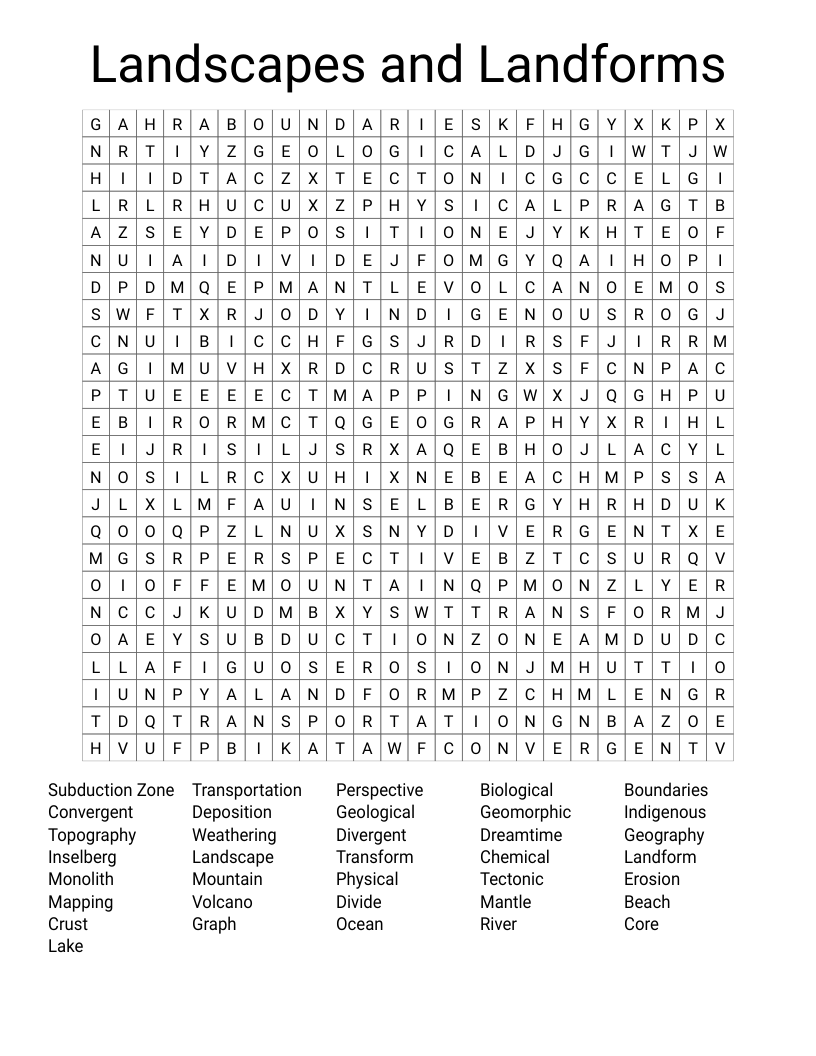 Landscapes and Landforms Word Search