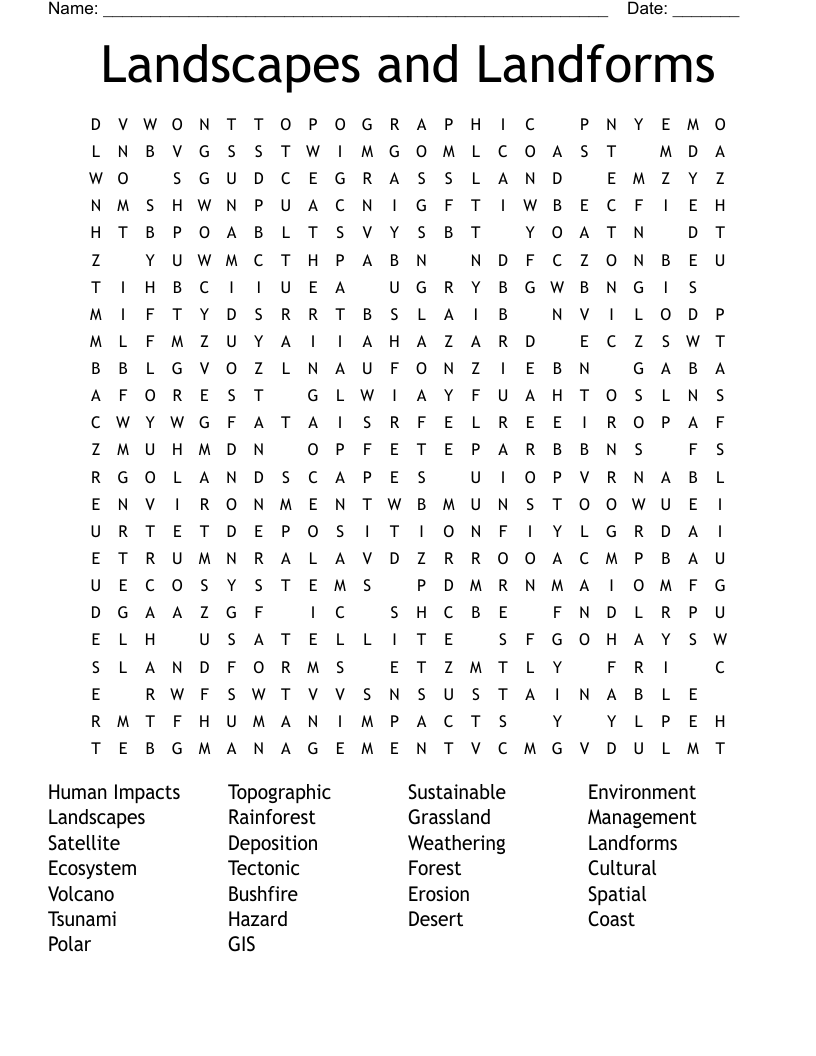 Landscapes and Landforms Word Search