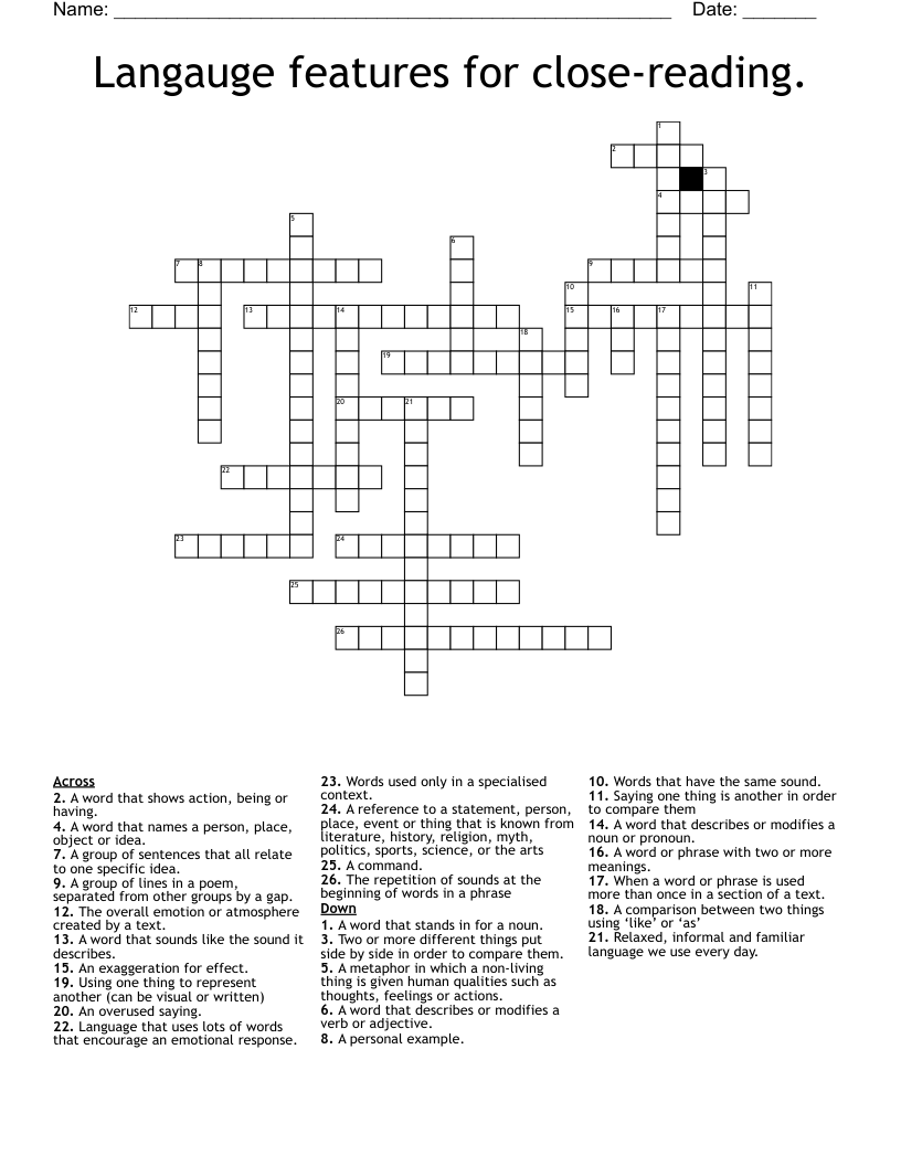 Langauge features for close-reading. Crossword
