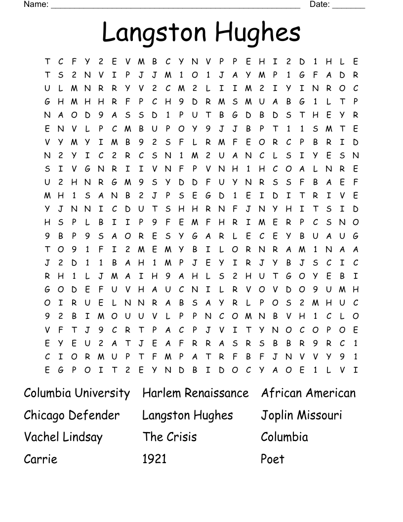 Langston Hughes Word Search