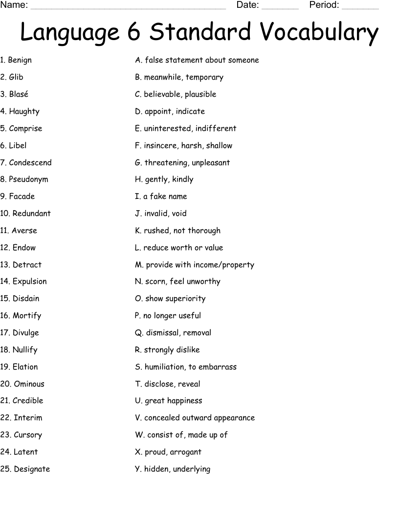 Language 6 Standard Vocabulary Worksheet