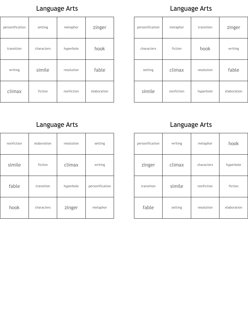 Language Arts Bingo Cards