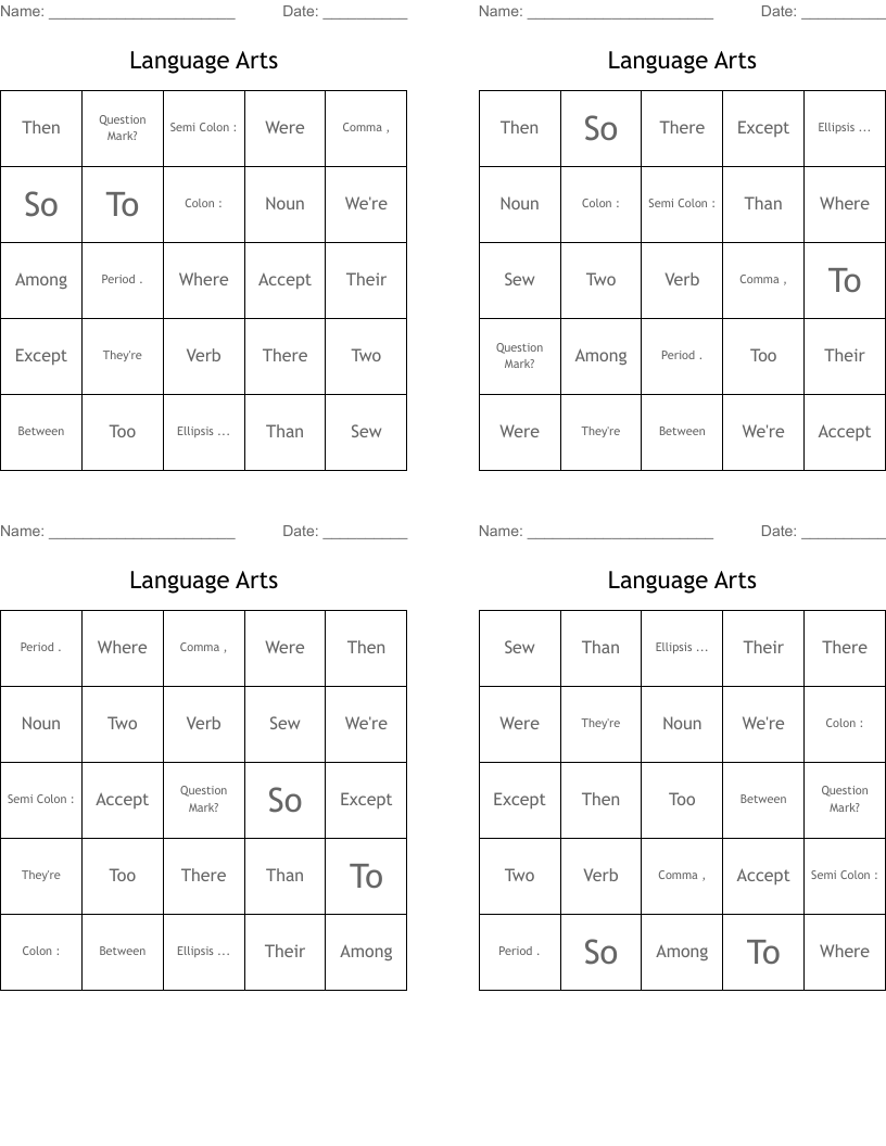 Language Arts Bingo Cards