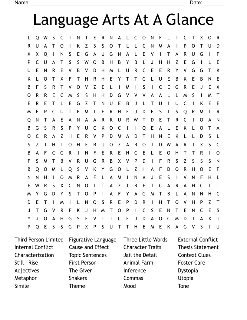 Language Arts At A Glance Word Search
