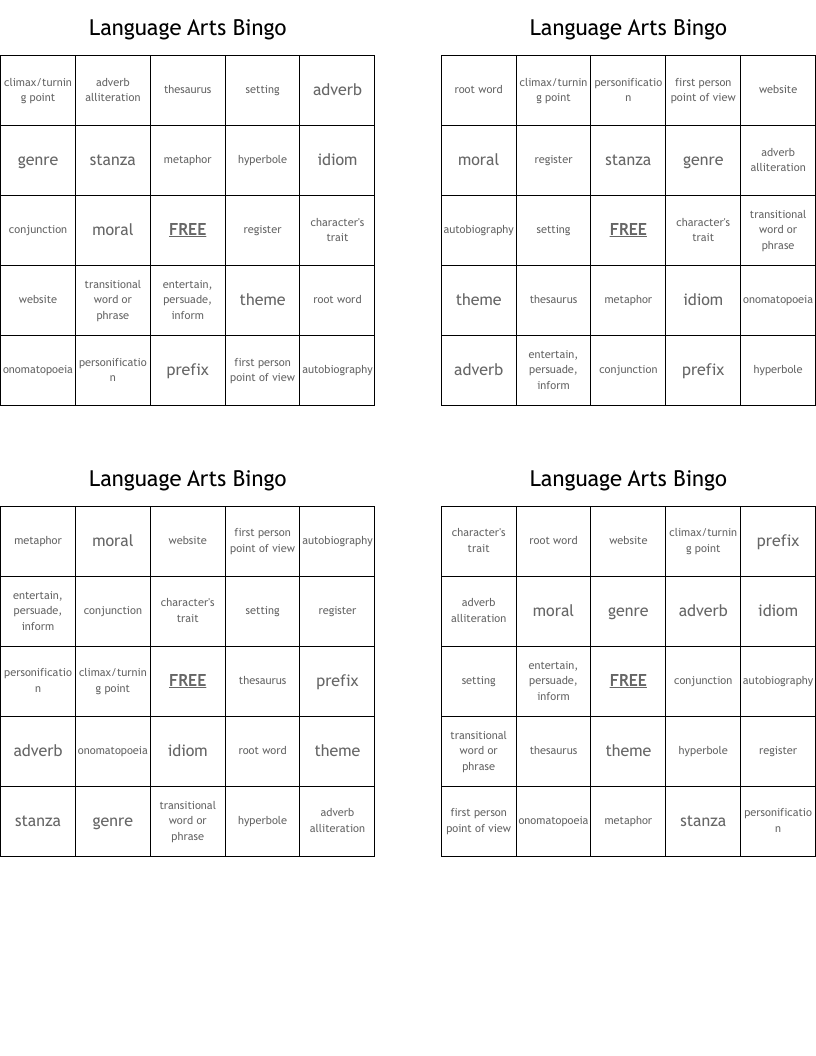 Language Arts Bingo 