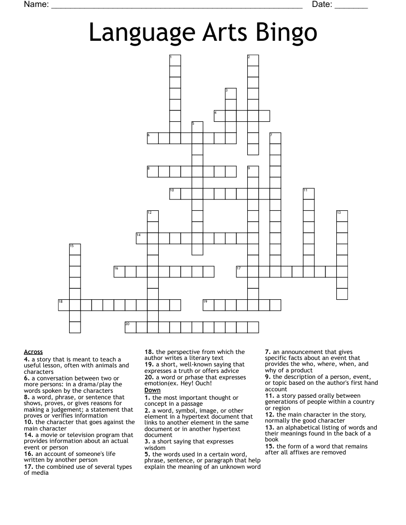 Language Arts Bingo  Crossword
