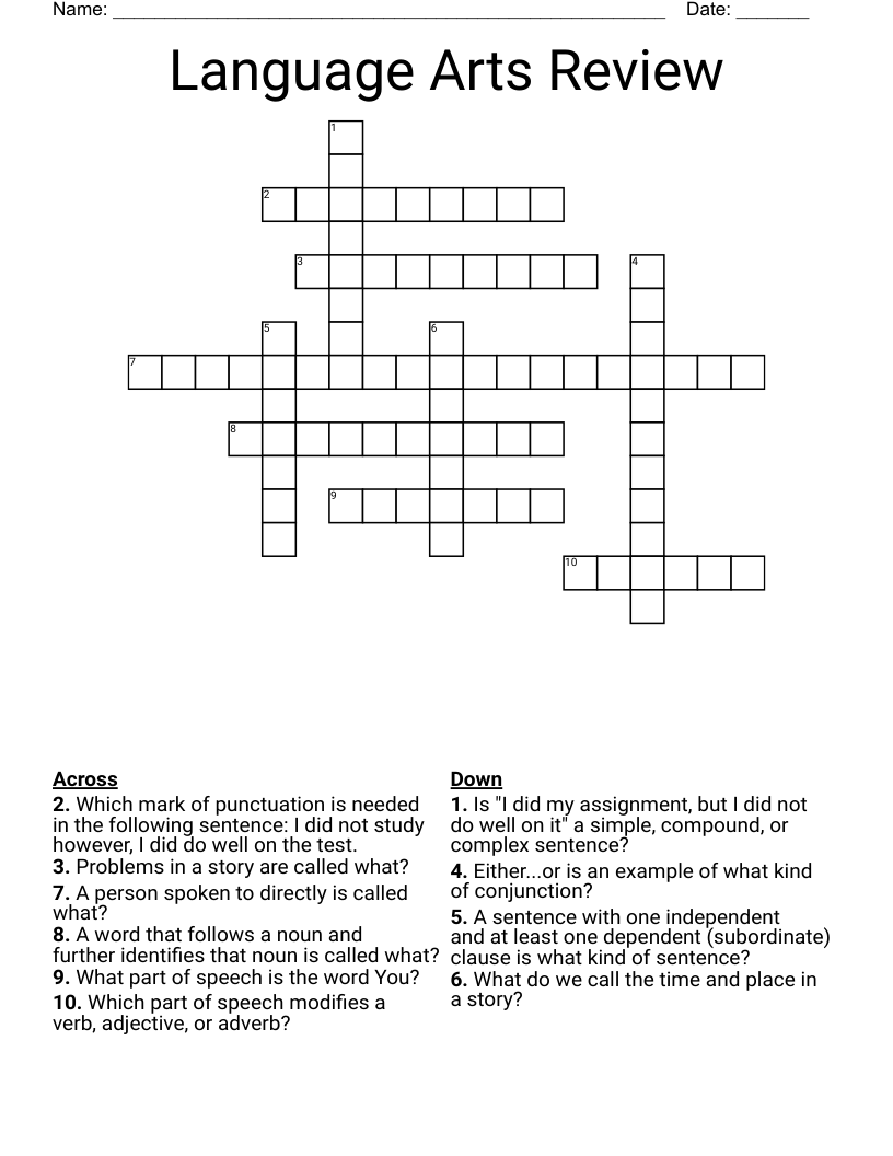 Language Arts Review Crossword