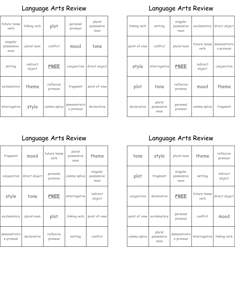 Language Arts Review Bingo Cards
