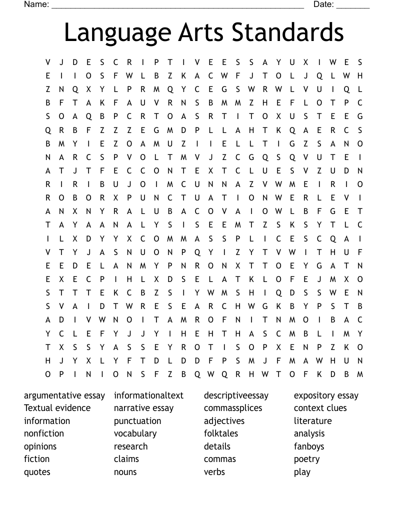 Language Arts Standards  Word Search