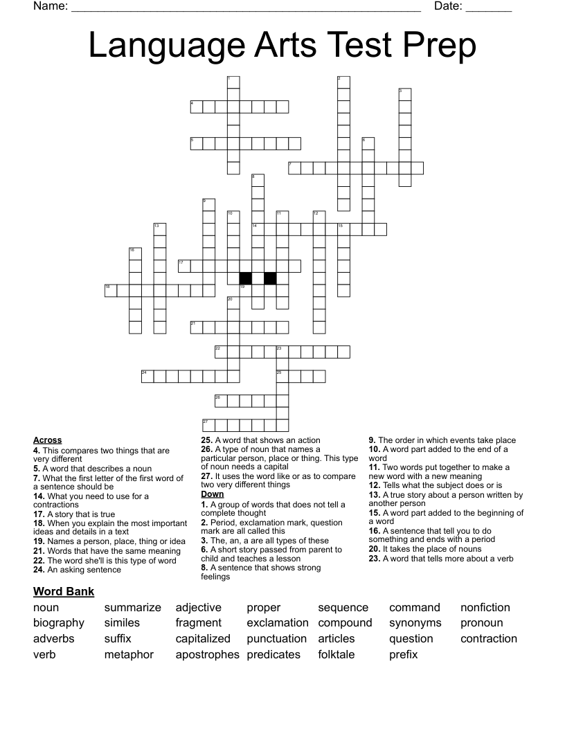 Language Arts Test Prep Crossword