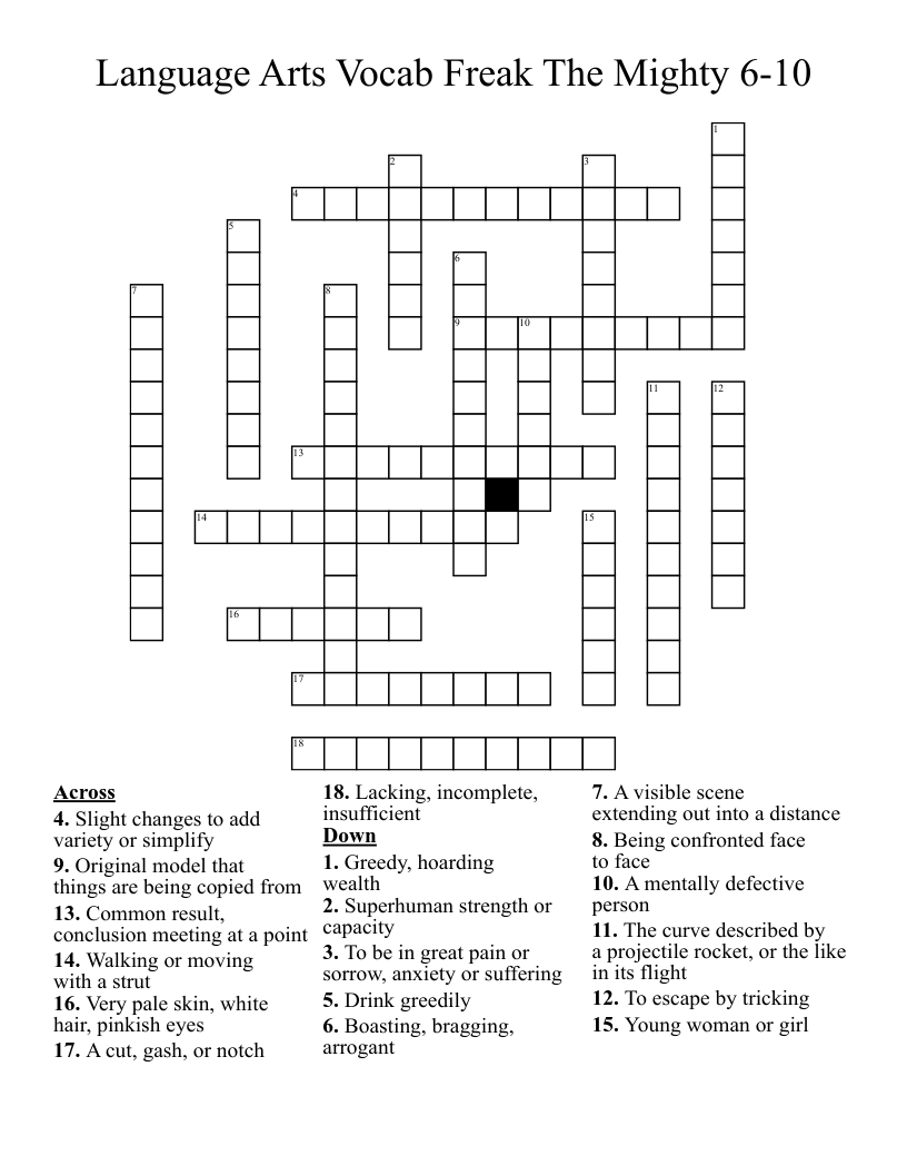 Language Arts Vocab Freak The Mighty 6-10 Crossword