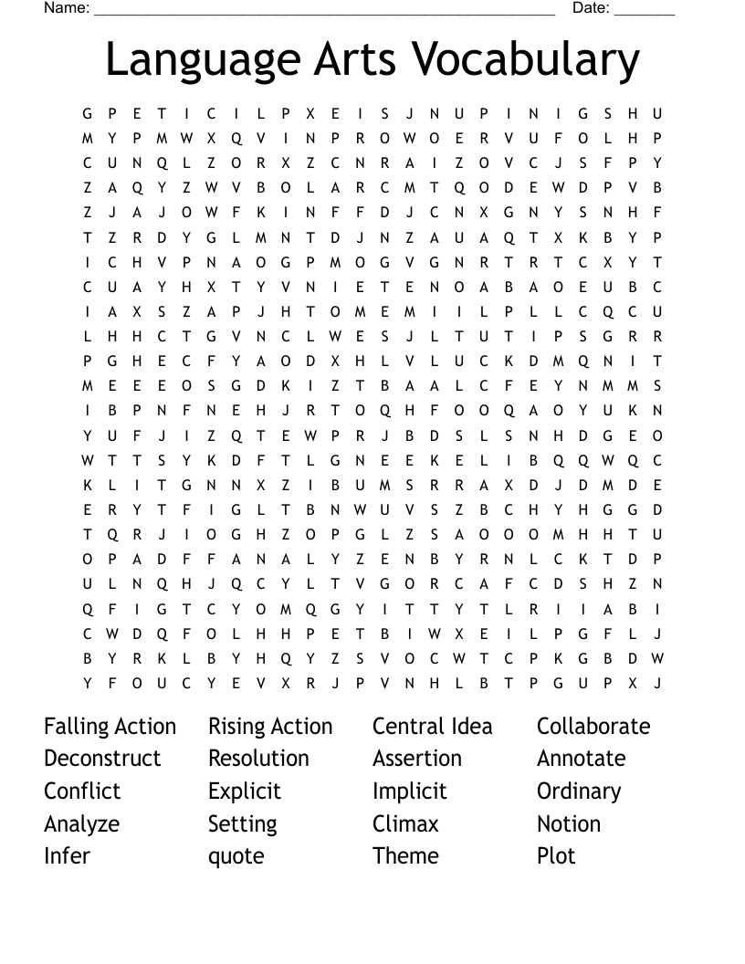 Language Arts Vocabulary Word Search