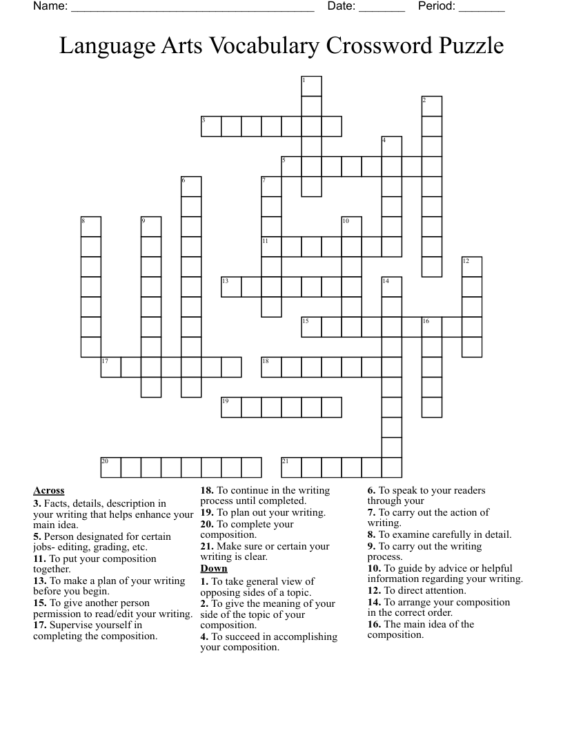 Language Arts Vocabulary Crossword Puzzle