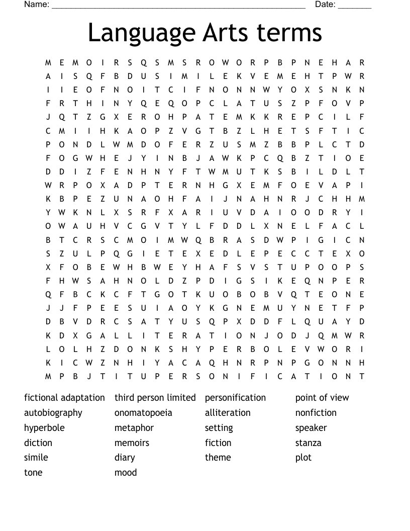 Language Arts terms Word Search