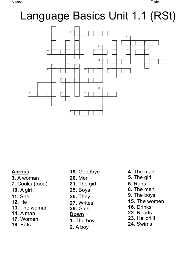 Language Basics Unit 1.1 (RSt) Crossword