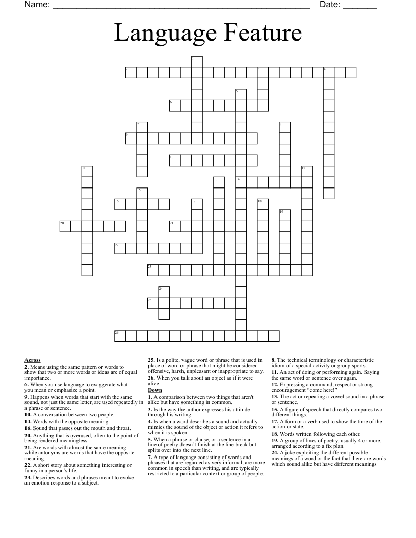 Language Feature Crossword