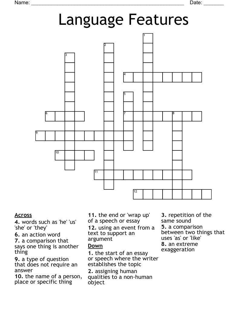 Language Features Crossword