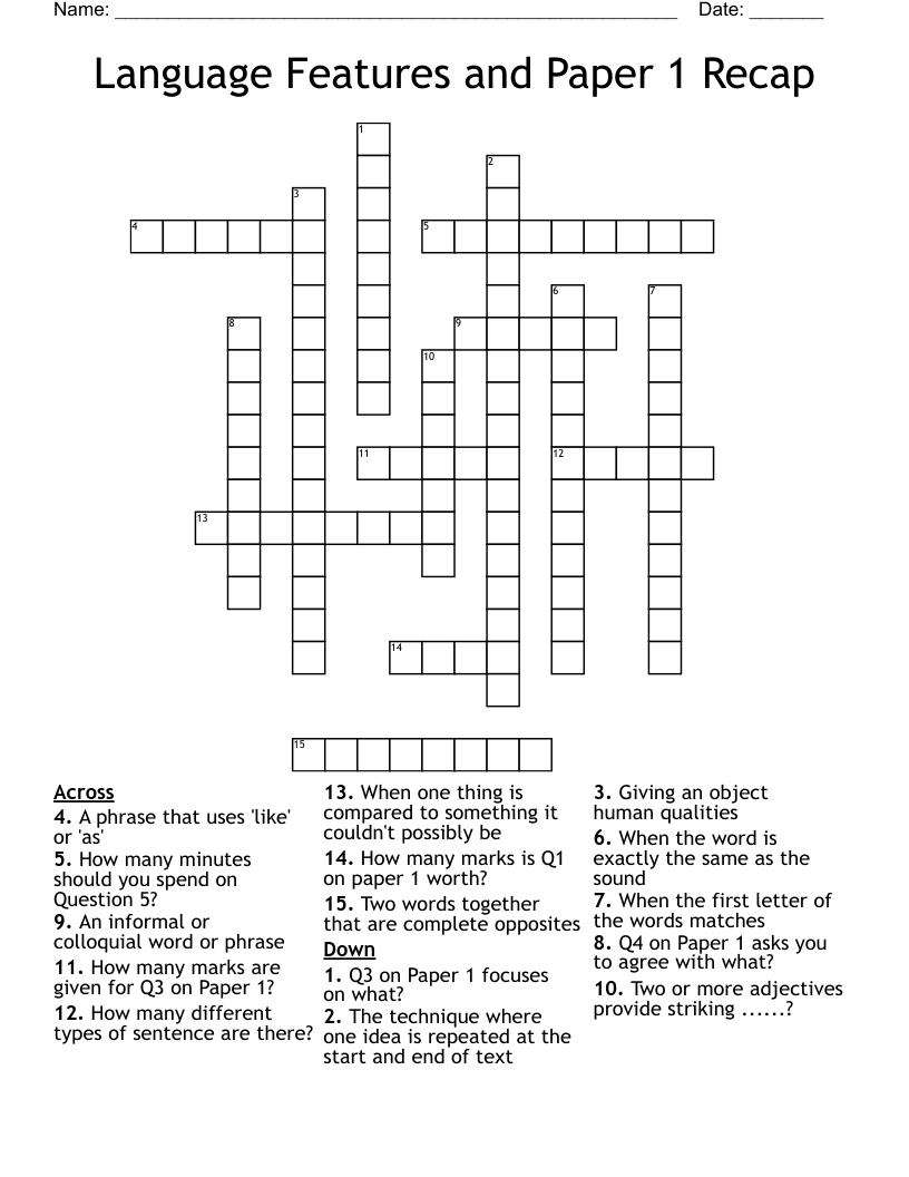 Language Features and Paper 1 Recap Crossword
