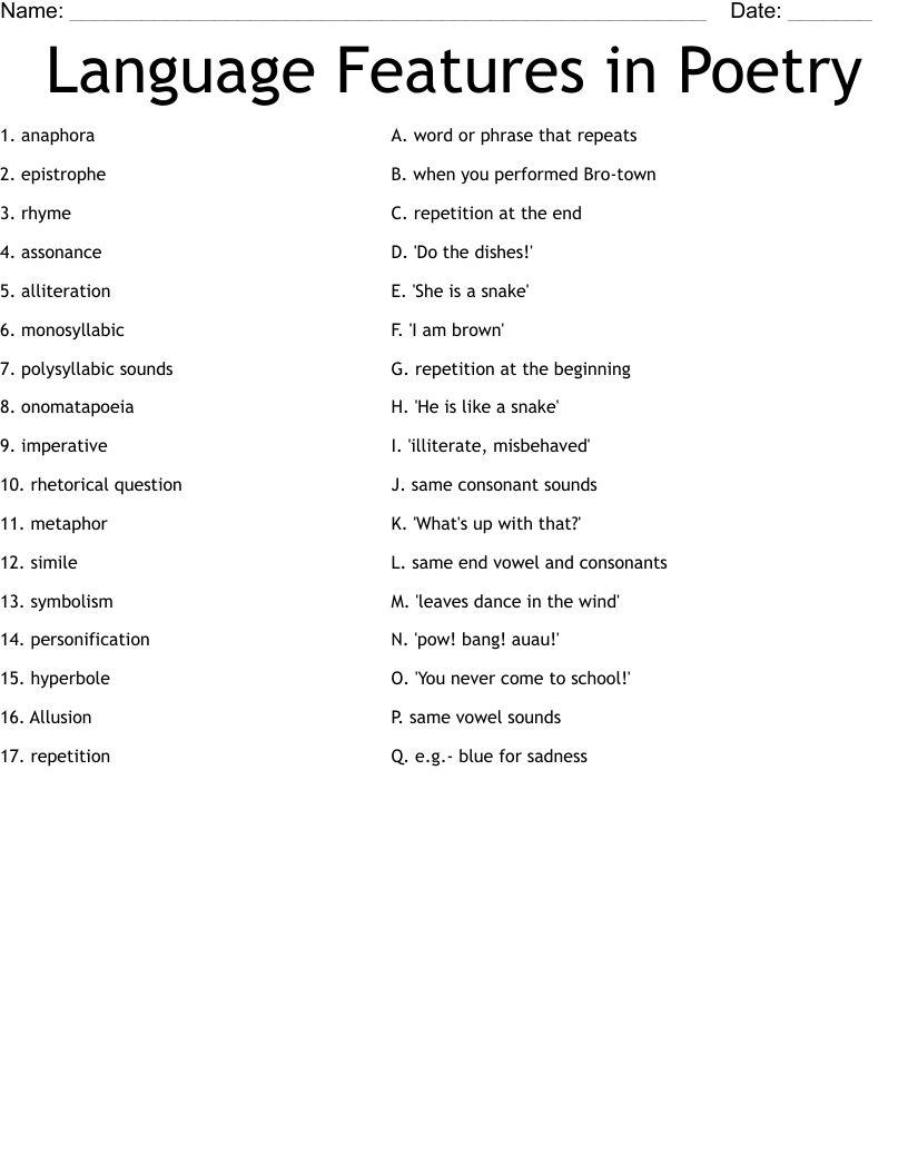 Language Features in Poetry Worksheet