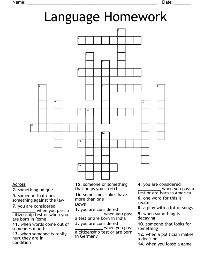Language Homework Crossword