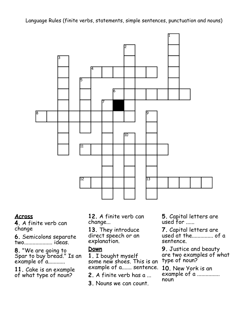 Language Rules (finite verbs, statements, simple sentences, punctuation and nouns) Crossword