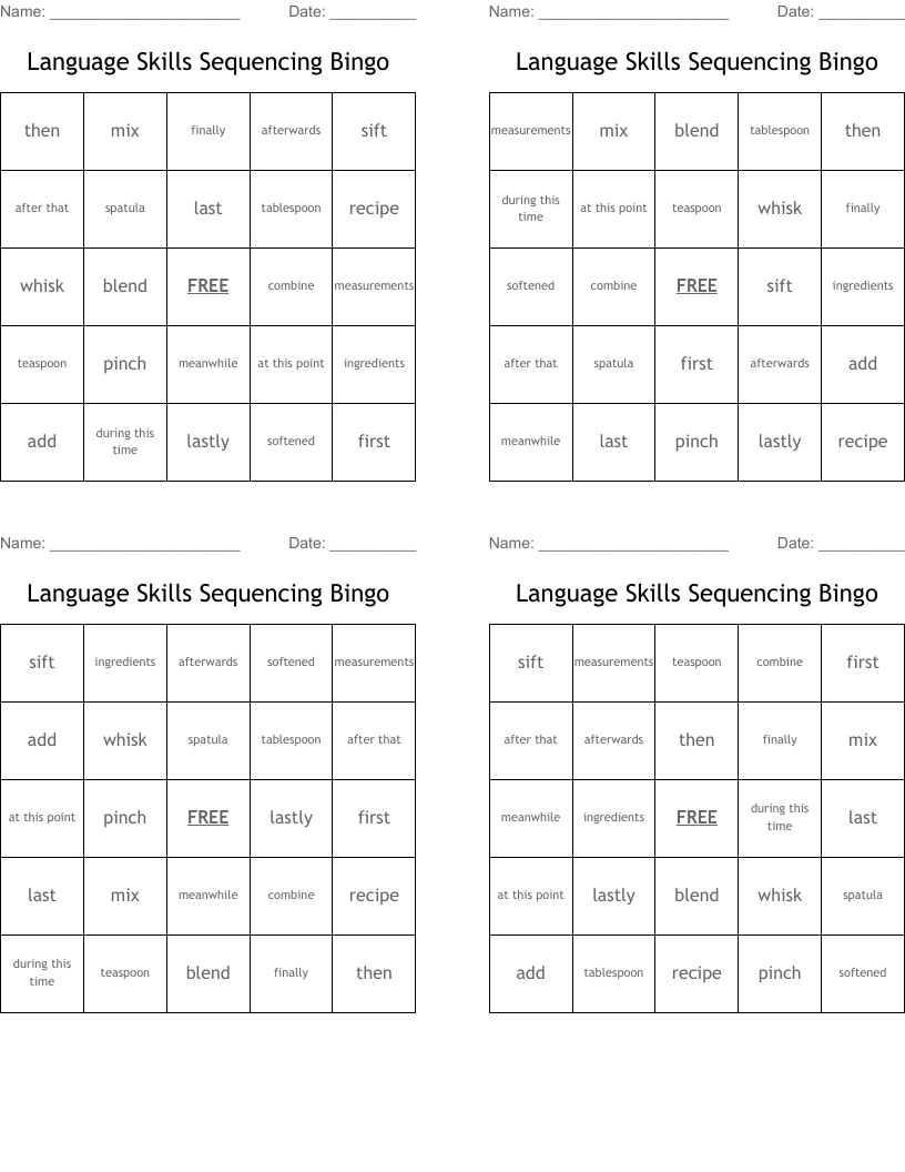 Language Skills Sequencing Bingo