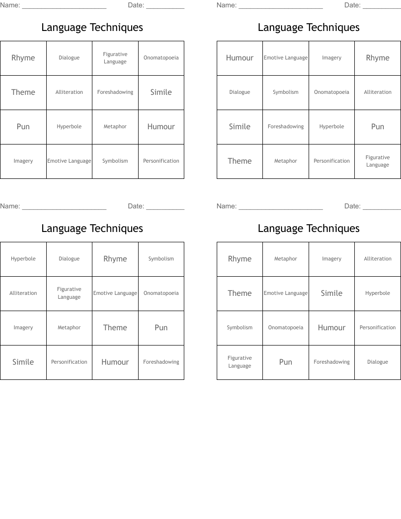 Language Techniques Bingo Cards