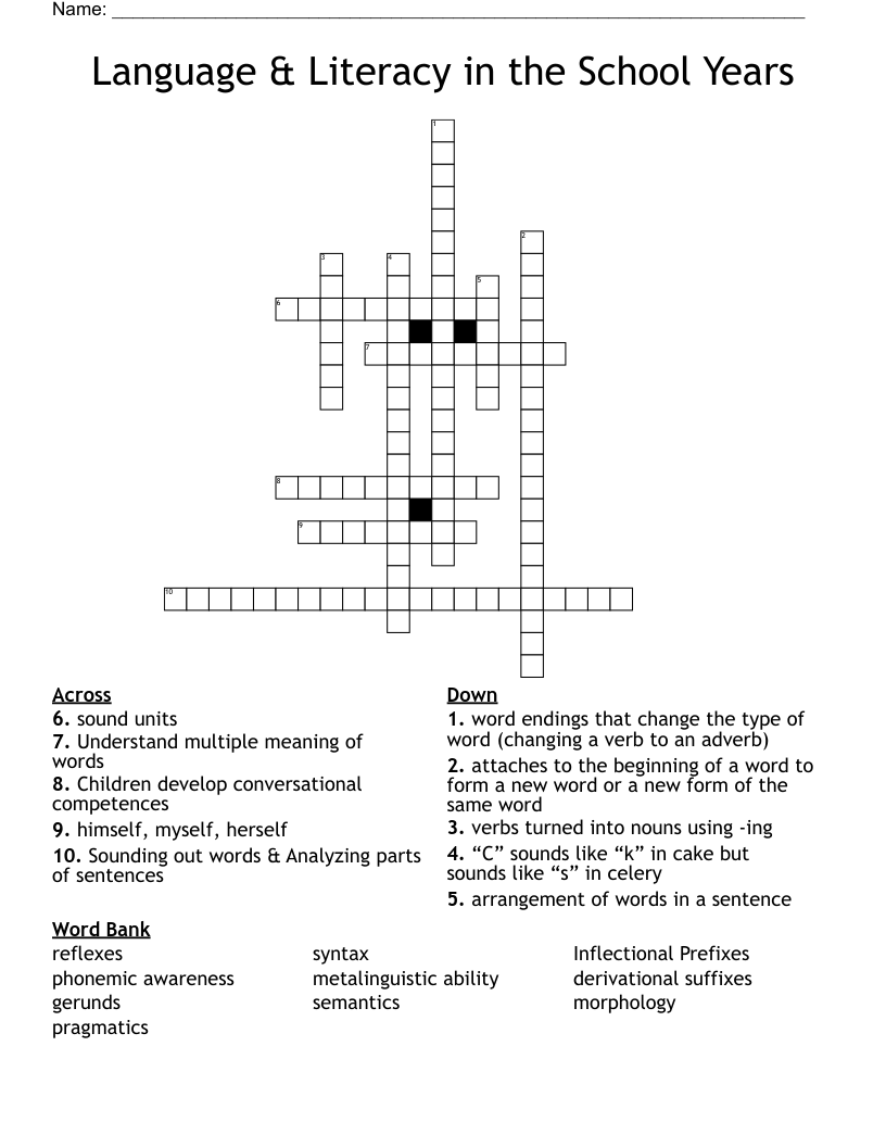 Language & Literacy in the School Years Crossword