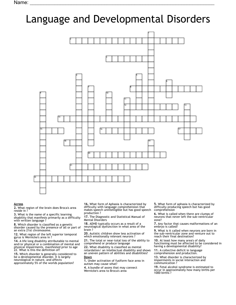 Language and Developmental Disorders  Crossword
