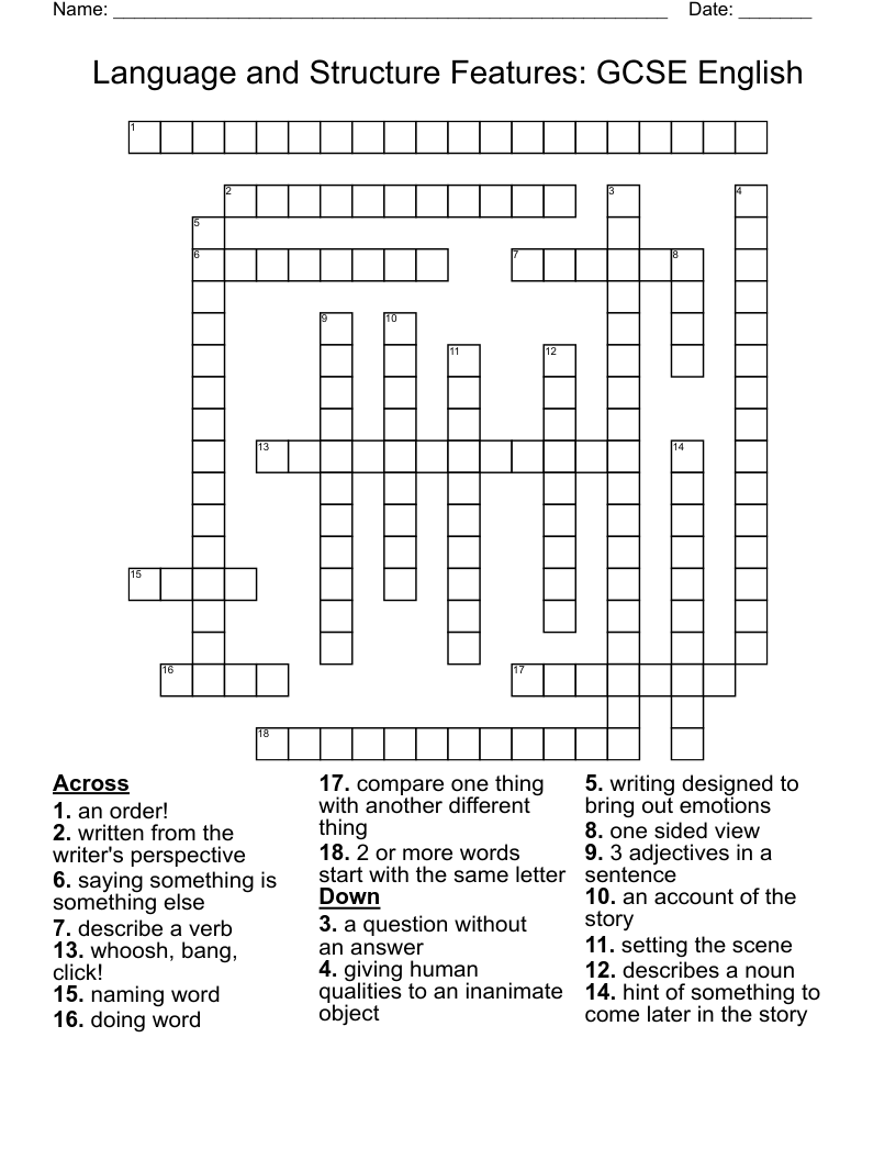 Language and Structure Features: GCSE English Crossword