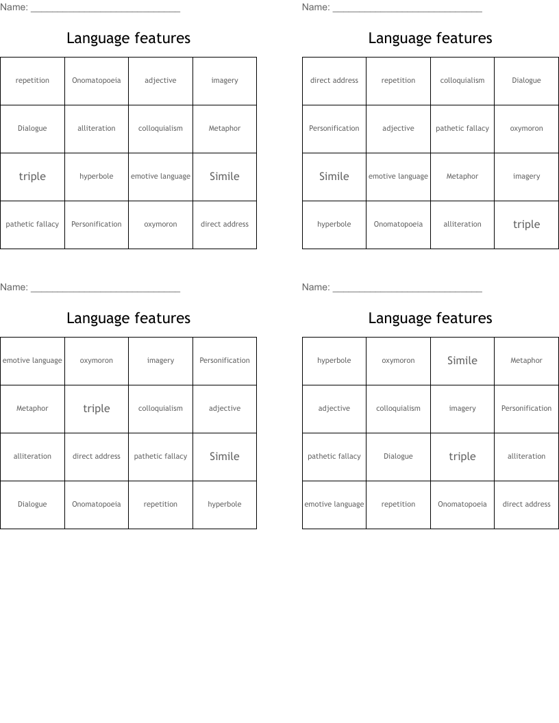 Language features Bingo Cards