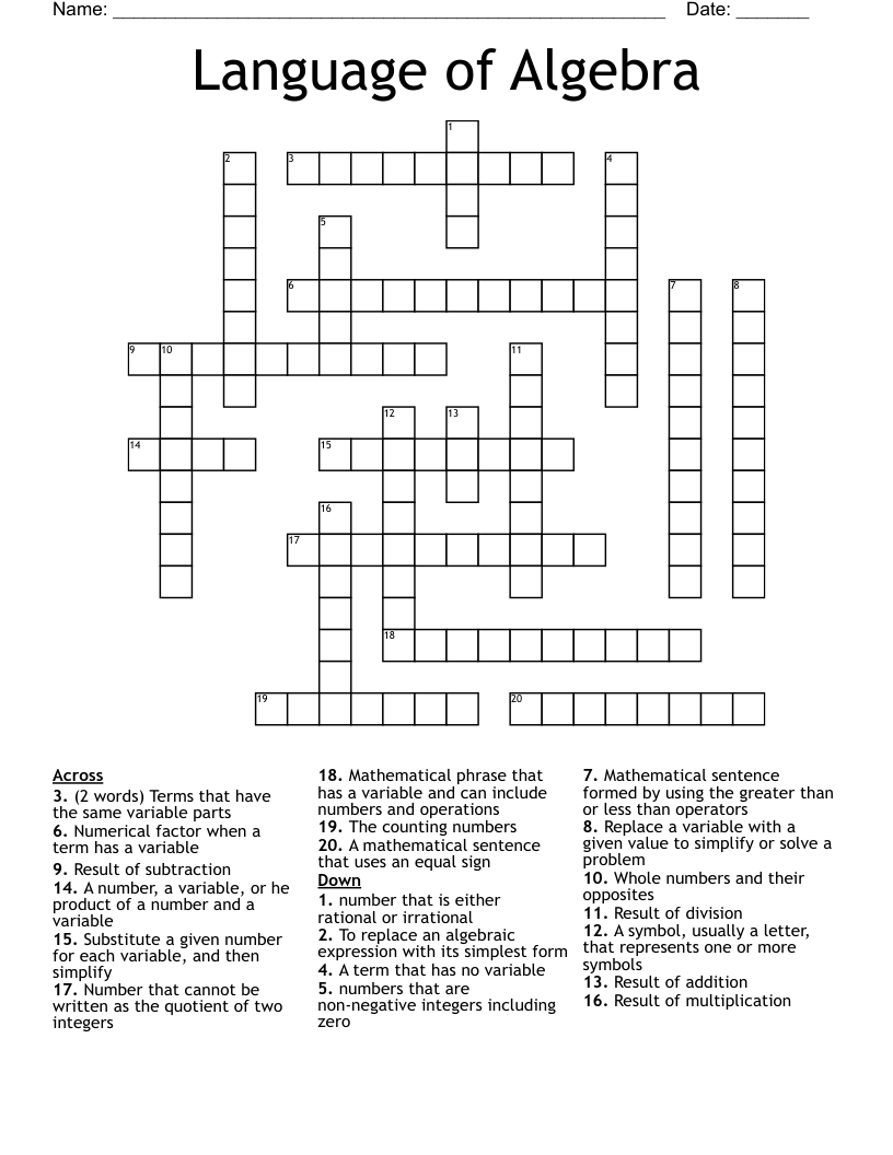 Language of Algebra Crossword