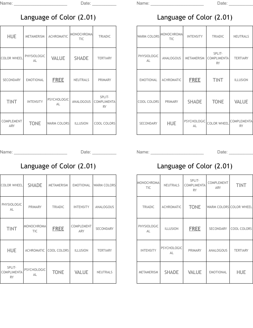 Language of Color (2.01) Bingo Cards