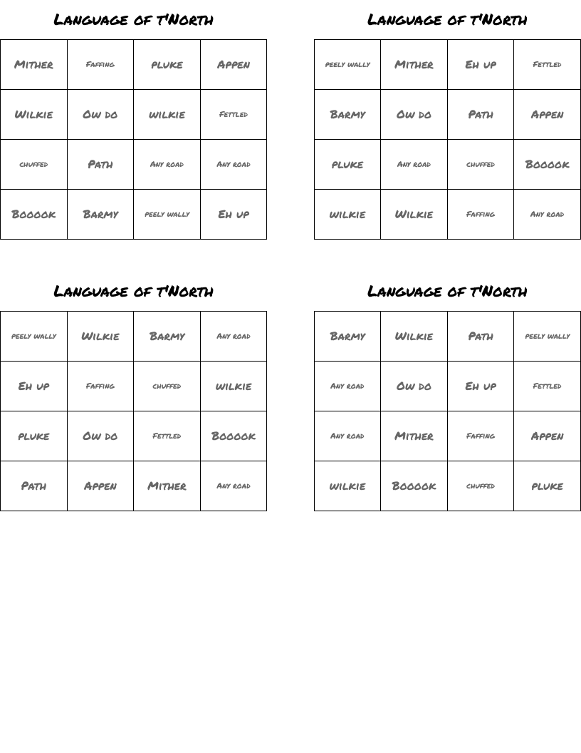 Language of t'North Bingo Cards