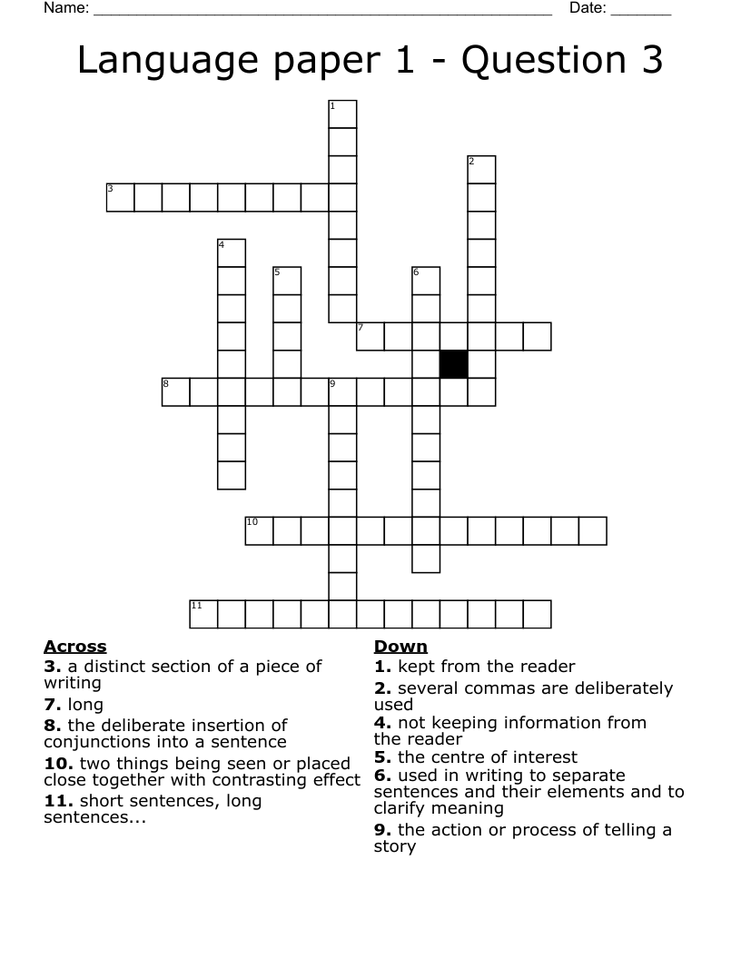 Language paper 1 - Question 3 Crossword